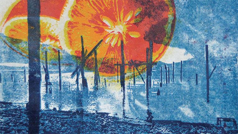 Stylized photo of abandoned pier posts along a waterfront with sliced orange overhead 