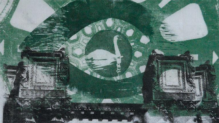 layered images of the Palace of Fine Arts, a swan and an eye