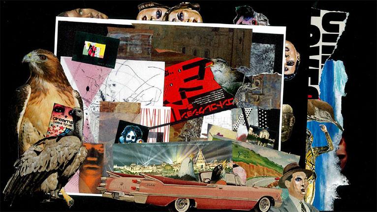 Collage of content including a hawk, a vulture, a convertible car, and drawings of various people
