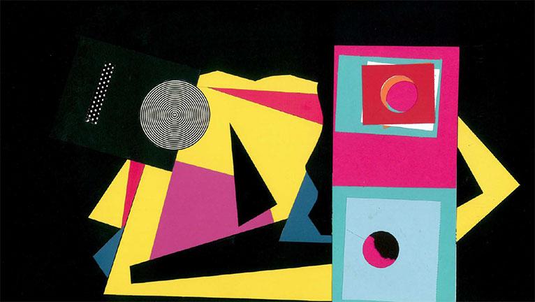 A collage of various geometric shapes, mostly solid colors, one with a moire pattern, over a black background