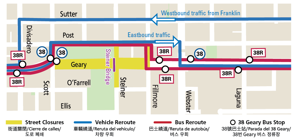 Map showing street closures and reroutes during Steiner bridge demolition work. Streets will be closed to vehicles on Geary Boulevard between Scott and Fillmore, on Steiner between Post and O’Farrell, and on Fillmore between Geary and Post streets with local access only. Vehicles traveling westbound on Geary will be rerouted to Sutter Street, while eastbound traffic will be diverted to Post Street. North- and southbound traffic can use Divisadero or Webster streets to cross Geary. The outbound 38/38R stop