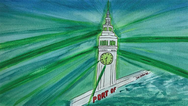 San Francisco's Ferry Building shining as if a beacon of hope