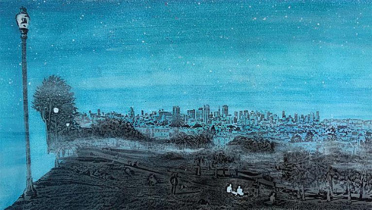 Two people on a bench, overlooking the expanse of Dolores Park, the northeast skyline, and the vast night sky