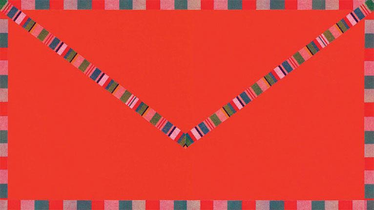 Colorful lines and squares alluding to the back of an envelope