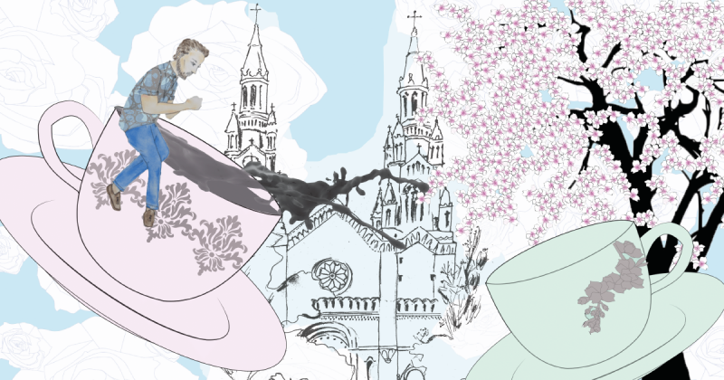 A fanciful image of two teacups on saucers in the air in front of a church with two towers, a cherry blossom tree and outlines of roses. A bearded figure rides one of the saucers. A dark beverage spills out of the pink saucer, while the light green saucer appears empty.