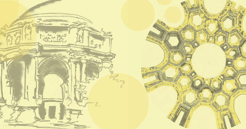 Outlines of the rotunda at the Palace of Fine Arts, viewed from outside as well as from the inside looking up.