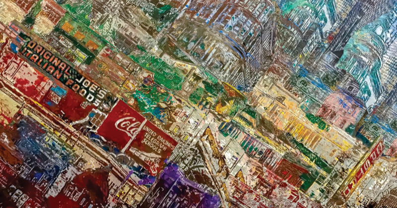 A mix of many San Francisco buildings arranged out of geographic context, including Salesforce Tower, the Castro Theatre, City Hill, Coit Tower, and a building reading on the side "Original Joe's Italian Foods", "Cola", and "United Railways Telegraph Schools" completely fill the frame at a 45-degree angle.