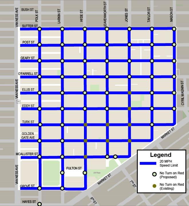 Map showing speed limit reduction to 20mph neighborhood-wide between: Grove Street (south), Sutter Street (north), Mason Street (east), and Van Ness (West). Showing no turn on red regulations neighborhood-wide inclusive of Grove Street (south), Sutter Street (north), Mason Street (east), and Polk Street (west)