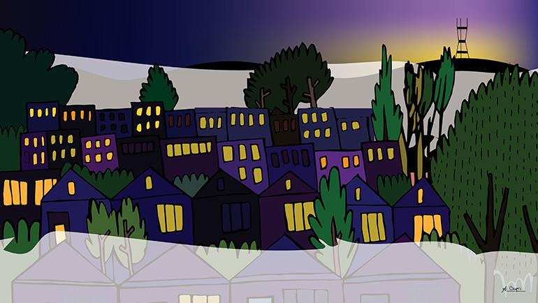 Houses with trees towering over them surrounded by fog, with Twin Peaks and Sutro Tower in the background.