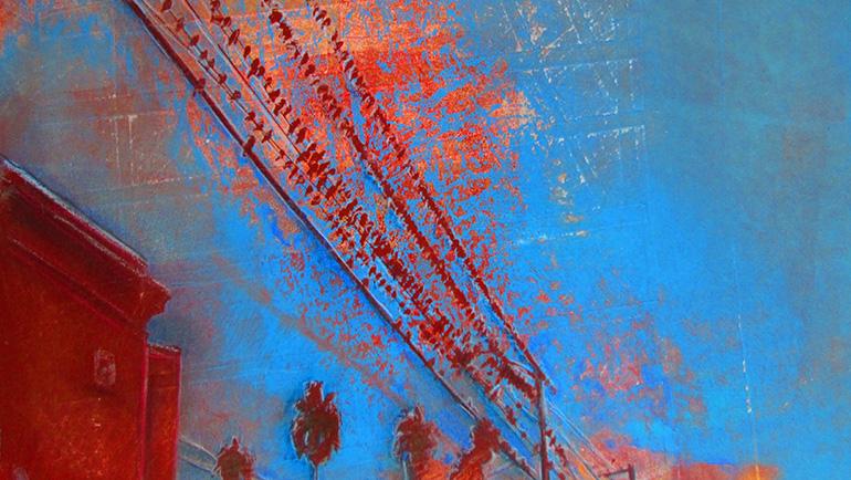 Red phone wires lined with red birds in front of a blue sky. There is a red building to the left and red palm trees in the background.