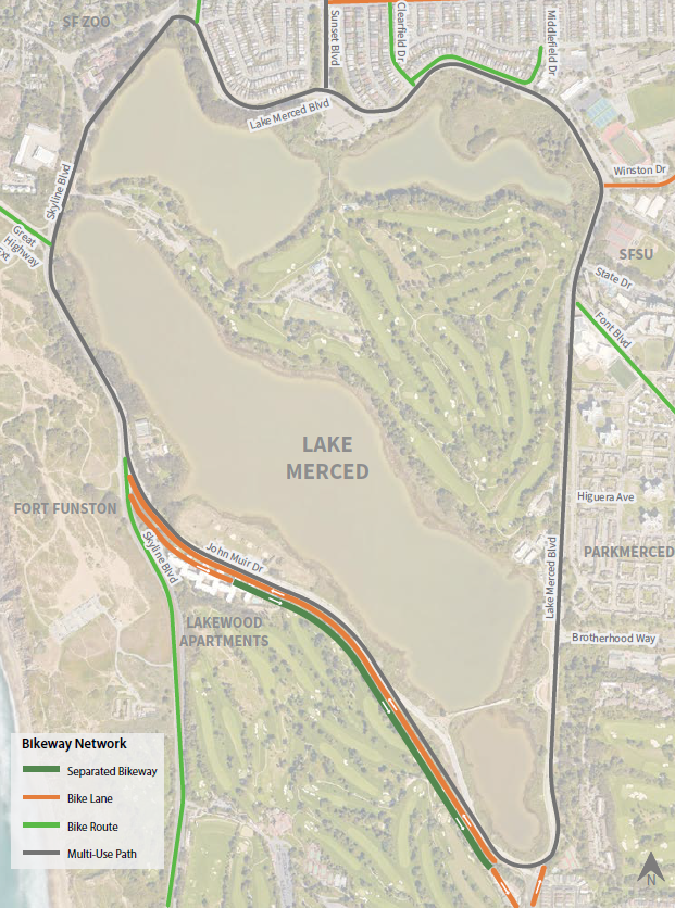 Existing bike facilities around Lake Merced