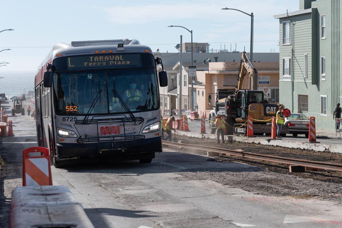 &nbsp;L Taraval Bus passing by construction on Taraval