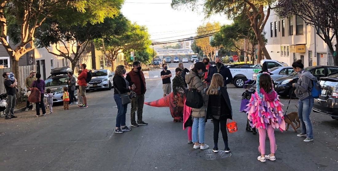 Photo of children in Halloween costumes on Minnesota Street in 2020