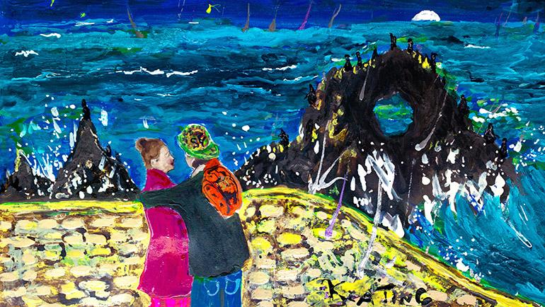 One person embraces a woman as they stand in front of a yellow stone wall. Behind the wall is a rock formation with a hole in it and behind that the ocean with the moon peeking up over the horizon. Waves beat against the rock formation.