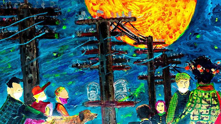 Seven people in small groups, some seen wearing face masks with or without covering the nose and one with no face mask, walking about, one with a dog. There are phone poles, a moon, and green stars and blue night sky above.