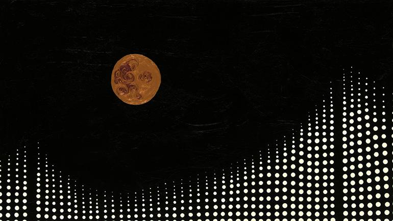 Columns of white dots arranged as if they were wires suspending a bridge over a black night with a brown moon in the sky