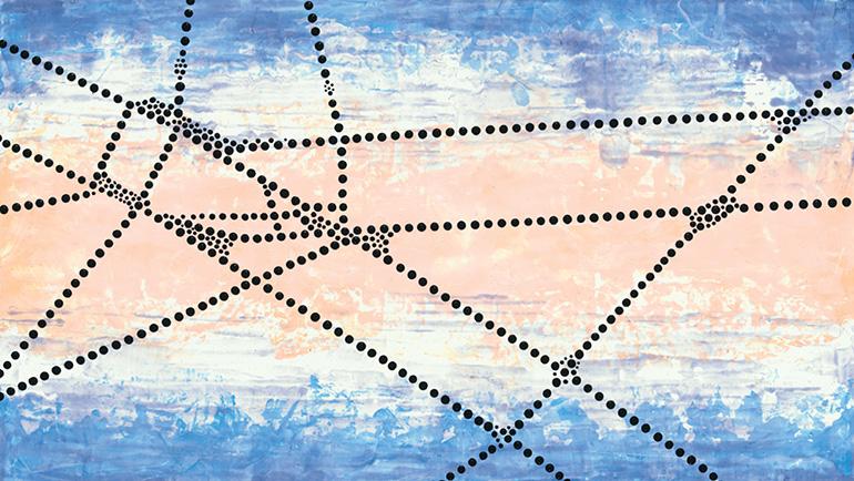 Networks of lines of dots over a background of blue, white and pink. Often where the lines cross, and once when they don't, there are a group of smaller dots around a dot.