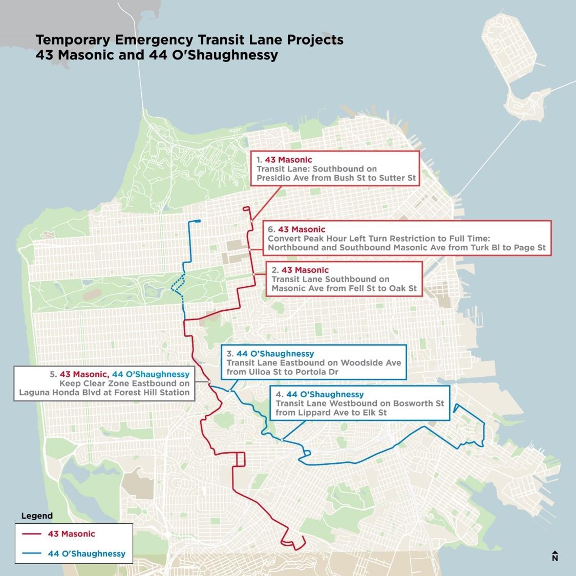 Map showing the full route of the 43 Masonic and 44 O'Shaughnessy but routes. Detail 1: 43 Masonic Transit Lane - southbound on Presdio Ave from Bush to Sutter. Detail 2: 43 Masonic Transit Lane southbond on Masonic Ave from Fell to Oak. Detail 3:  44 O'Shaughnessy Transit Lane Eastbound on Woodside Avenue from Ulloa to Portola. Detail 4: 44 O'Shaughnessy Transit lanes westbound on Bosworth from Lippard to Elk. Detail 5: 43 Masonic, 44 O'Shaughnessy keep clear zone eastbound on Laguna Honda Boulevard at For