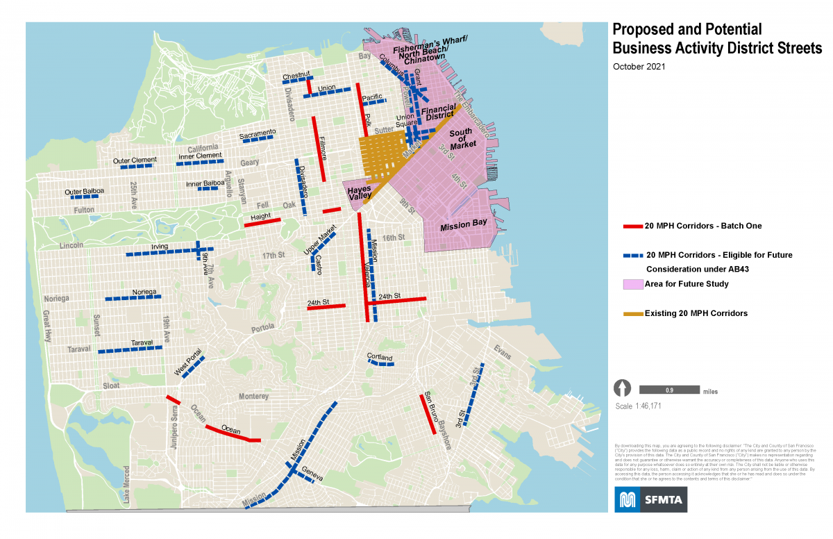 Map of proposed and potential business activity district streets. 20 MPH corridors identified as Batch One include stretches of Fillmore, Haight, 24th, Polk and Valencia streets, Sn Bruno Avenue, Ocean Avenue. 20 MPH corridors identified as "eligible for future consideration under AB43" include sections of inner and outer Clement, inner and outer Balboa, Chestnut, Union, Pacific, Columbus, Grant, Powell, Geary, O'Farrell, Divisadero, 9th Avenue, Upper Market, inner Mission, Irving, Noriega, Taraval, West Po