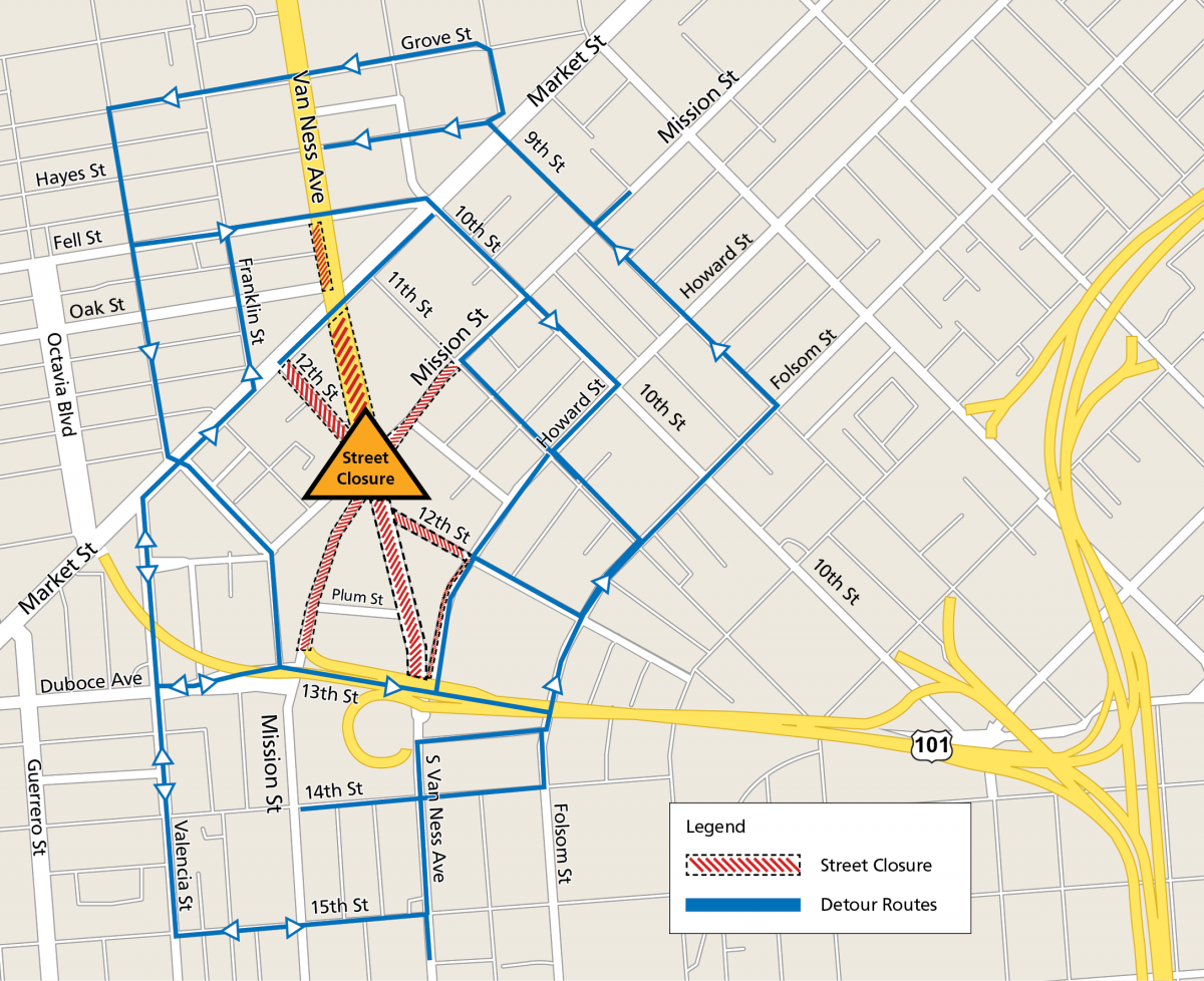 Map of Van Ness Avenue and Mission Street intersection showing detours and street closures. Streets closed to traffic include South Van Ness Avenue south of Market, Mission Street one block west of 11th Street, 12th Street north of Howard, South Van Ness north of Highway 101, Highway 101/Mission Street highway exit, and 12th Street south of Market will all be closed to traffic. Detour streets include Howard Street, Folsom Street, 10th Street, 9th Street, 13th Street, Duboce Avenue, Gough Street, Franklin St