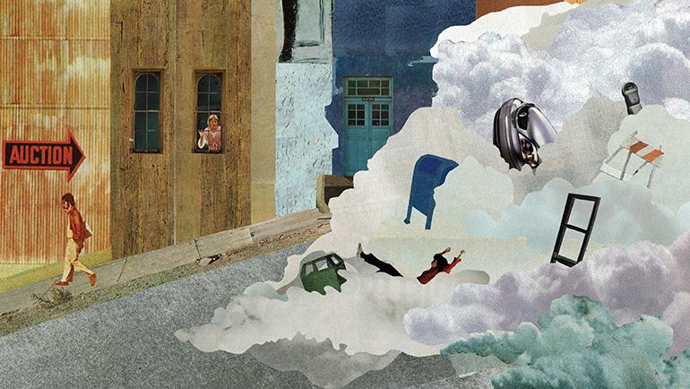 A person looks out a window to the steep street where a man walks downhill, apparently unaware that behind him the fog is sweeping a trash receptable, a mailbox, a person, a car,  a parking meter, a construction-sign A-frame and a window down the hill.