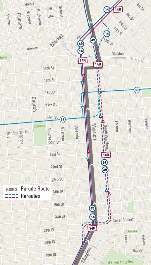 Muni reroute map for the La Cruzada Guadalupana Pilgrimage