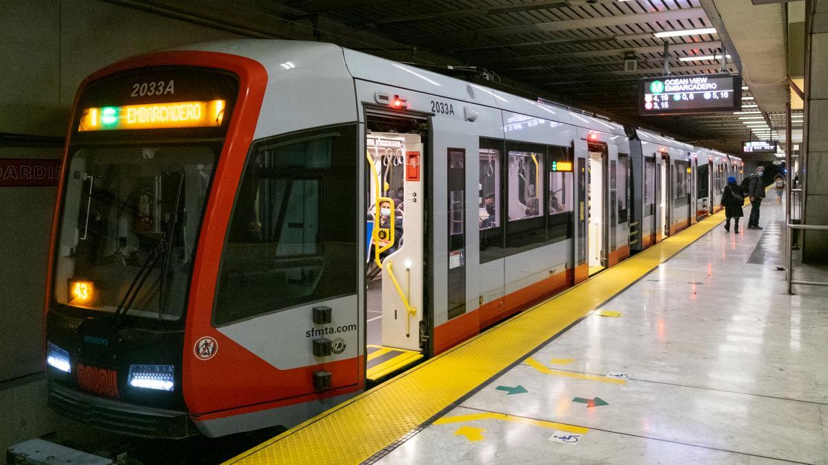 LRV4 Train on M Oceanview in Subway at Civic Center Station