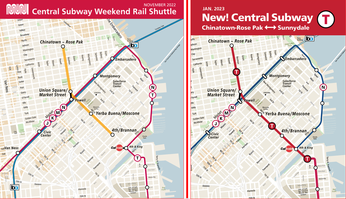 Map on the left showing the existing Muni Metro system's J Church, K Ingleside, M Ocean View, N Judah and T Third lines with the new Central Subway connecting at Powell Station. The Central Subway goes to Chinatown-Rose Pak Station at Stockton and Washington streets, Union Square/Market Street Station at Geary and Stockton streets, Yerba Buena/Moscone Station at 4th and Folsom streets and 4th & Brannan Station at 4th and Brannan streets. Map on the right showing new T Third Muni Metro routing connecting to