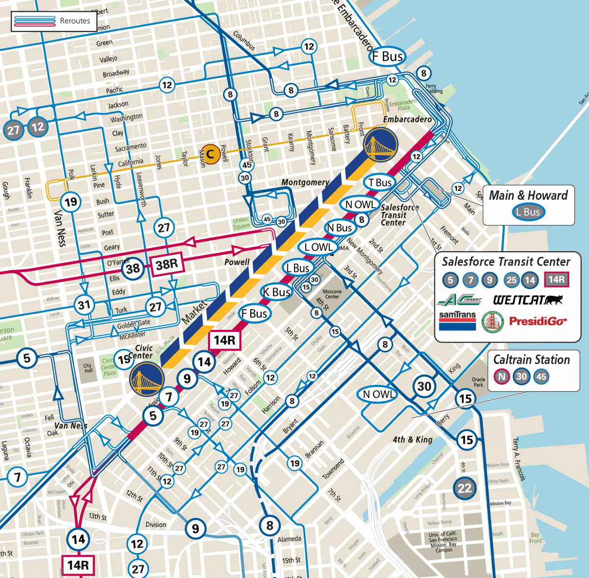 Map of Muni Reroutes of Warriors Parade day, which is Monday, June 20, 2022. Image visualizes the routes described in the tables on this page.