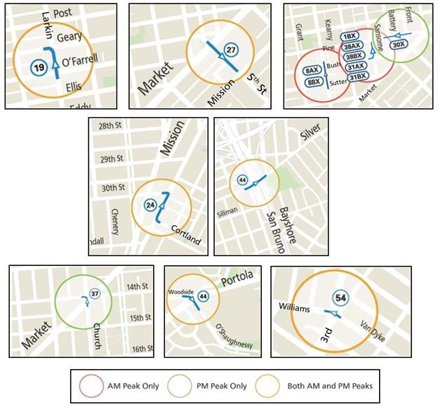 Map of Current Transit Delay Hot Spot locations . Hotspot locations: 19 Polk from Larkin Street/O’Farrell Street to Geary Street/Larkin Street, 27 Bryant from Cyril Magnin Street/5th Street/Market Street to 5th Street/Mission Street, 8 AX/BX Bayshore Express from Kearny Street/Sutter Street to Kearny Street/Bush Street, 24 Divisidero at Courtland Avenue and 30th Street/Mission Street, 44 O’Shaughnessy at Silver Avenue/San Bruno Avenue to Silver Avenue/Bayshore Boulevard, 37 Corbett at Church Street/Mark