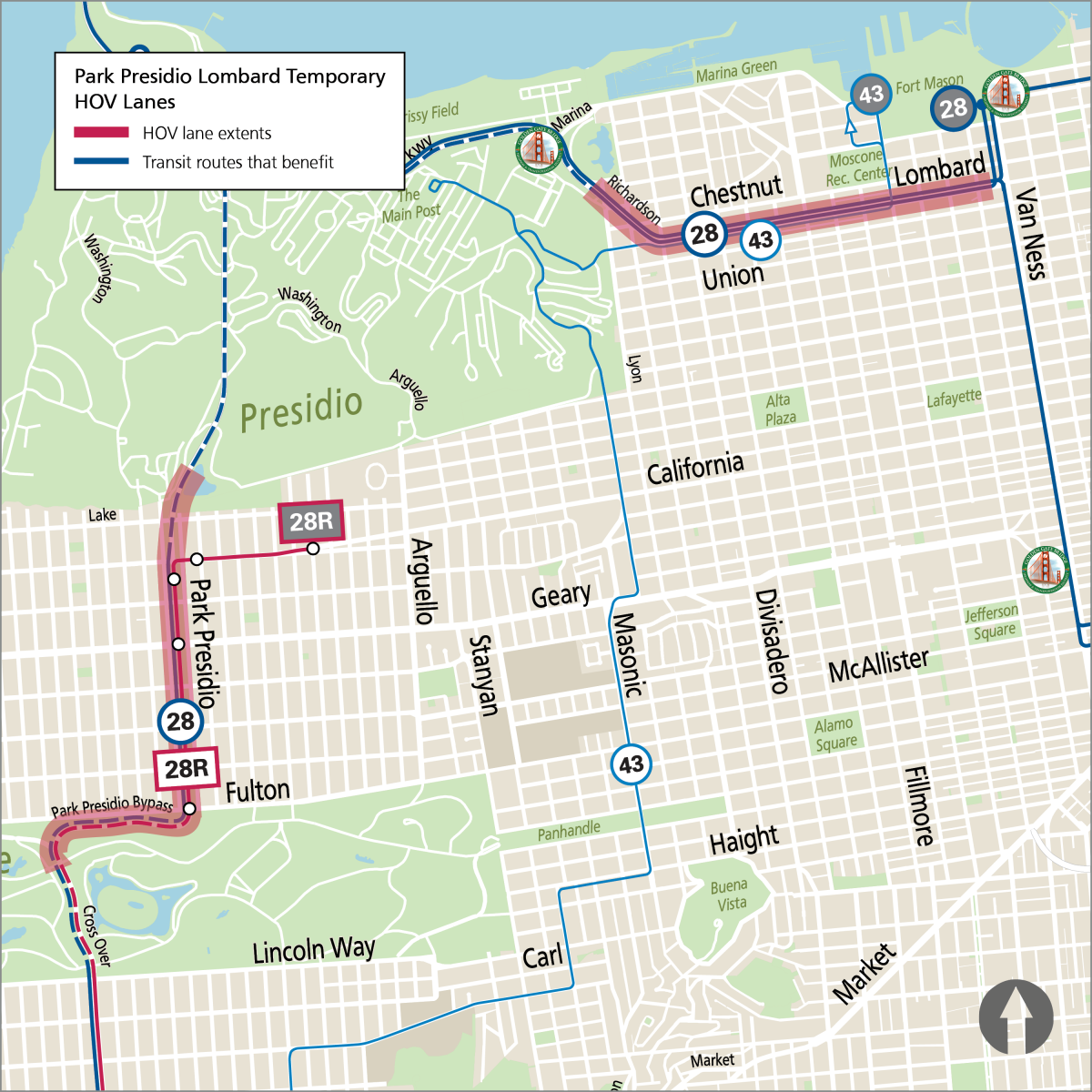 map of transit lanes on park presidio and lombard.