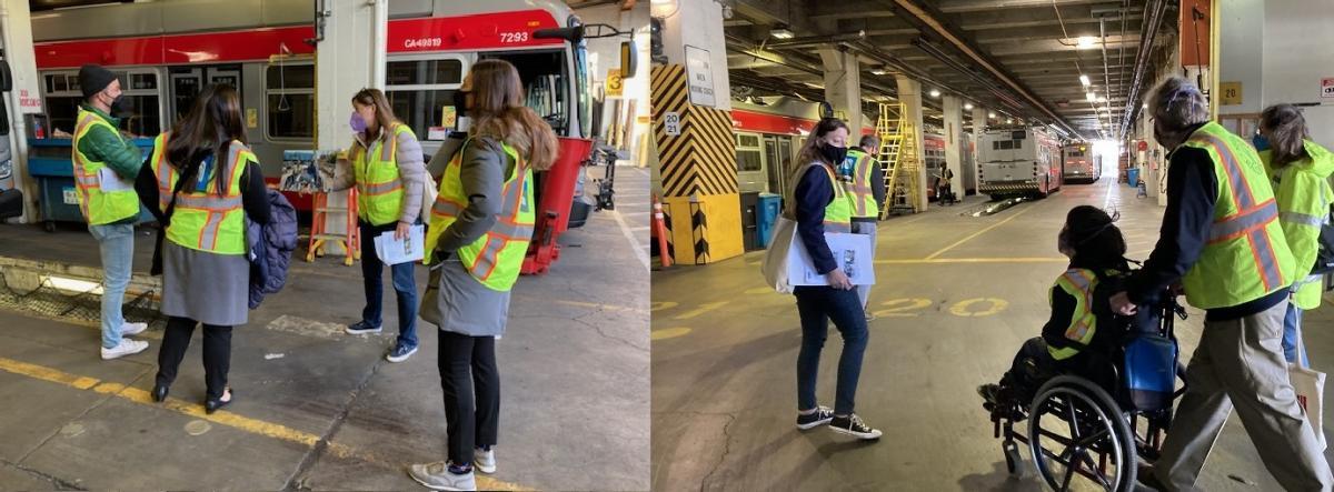 A composite image of two photos. On the left people dressed in safety vests are grouped together near a bus in a garage On the right people dressed in safety vests enter a sprawling maintenance bay. One person is using a wheelchair and is being helped by another, In the background buses are parked and are facing away from the group.