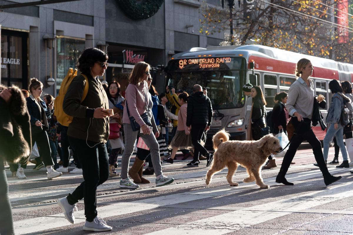Lots of people and a dog crossing Market Street near Powell Street with a 9R Muni Bus waiting at the crosswalk