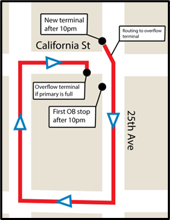 Detailed map of 29 Sunset northern terminal & first outbound stop location after 10pm, effective August 19, 2023