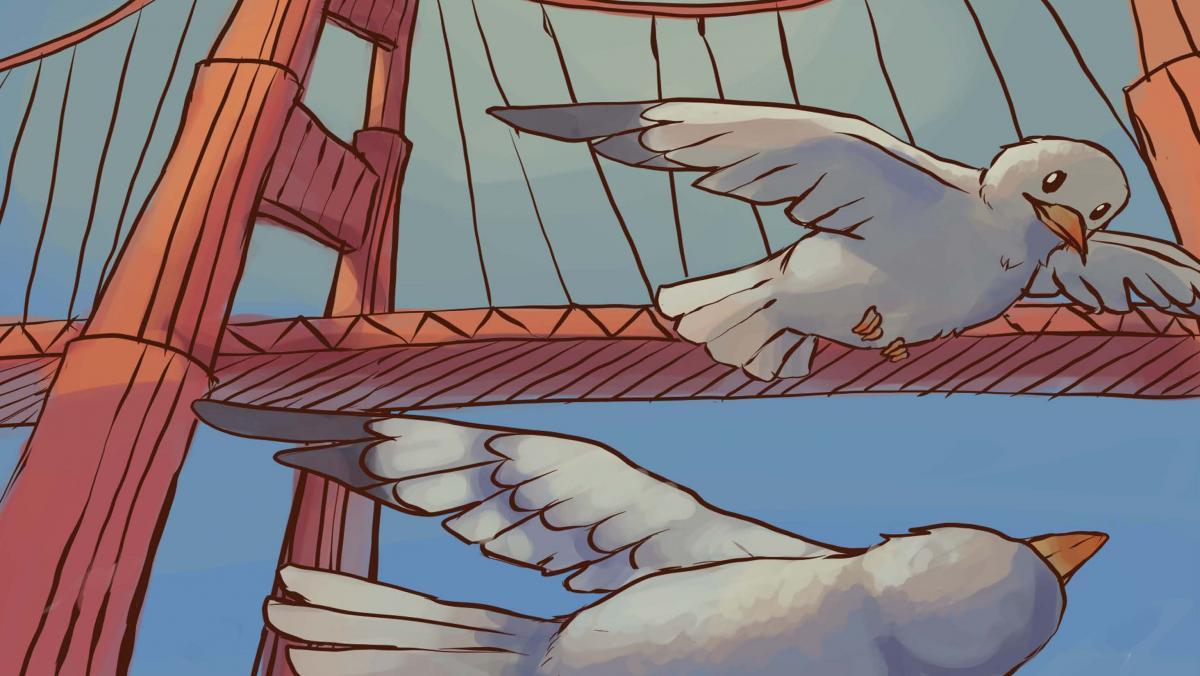 Two pigeons fly joyously in front of the Golden Gate Bridge