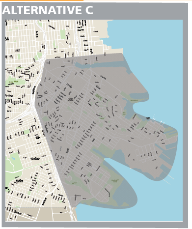 Alternative C shows a map of the service area including immediate neighborhood connections within the Bayview. This alternative would allow us to run approximately 16 hours of service 7 days per week, and allow shorter wait times, but leaves a smaller service area. 