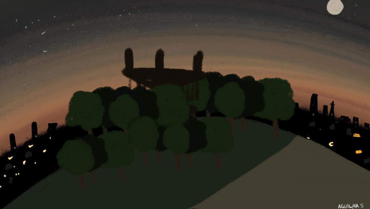 At dusk, a full moon hangs above the hill with trees atop. The City's skyline surrounds behind with many lights piercing the evening dark.