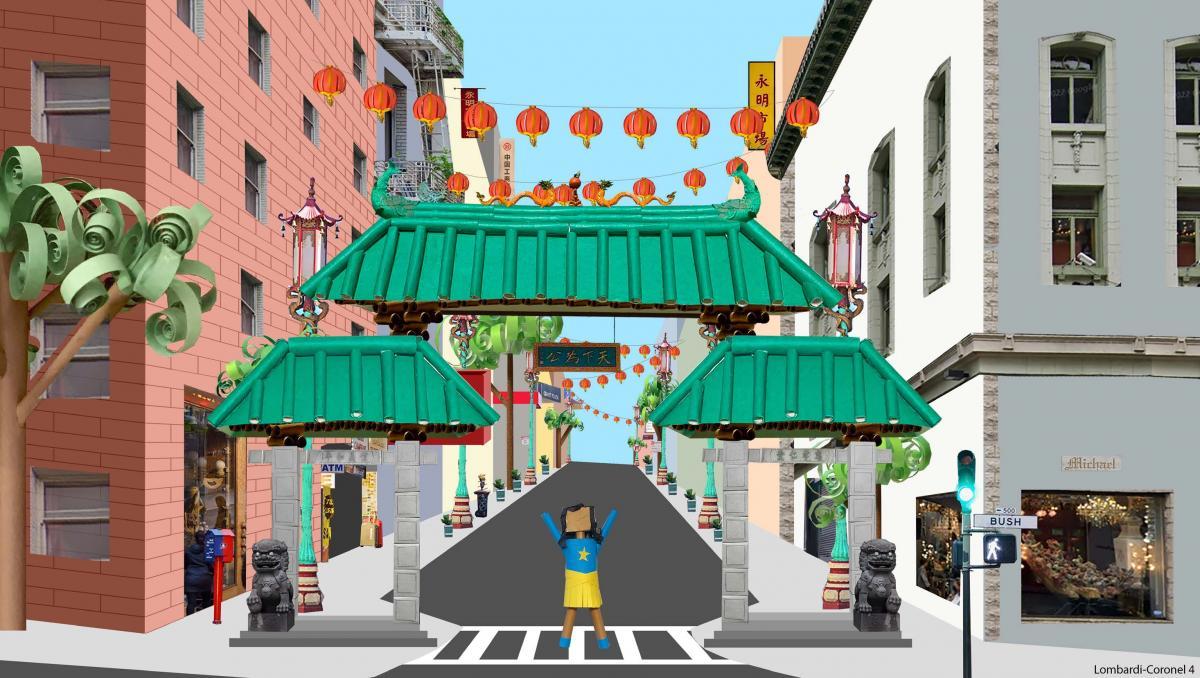 A paper-based person stands triumphantly under the Grant Gate with arms raised. Buildings line each side of Grant Street. The Bush street sign is prominent on the right side of the intersection. 