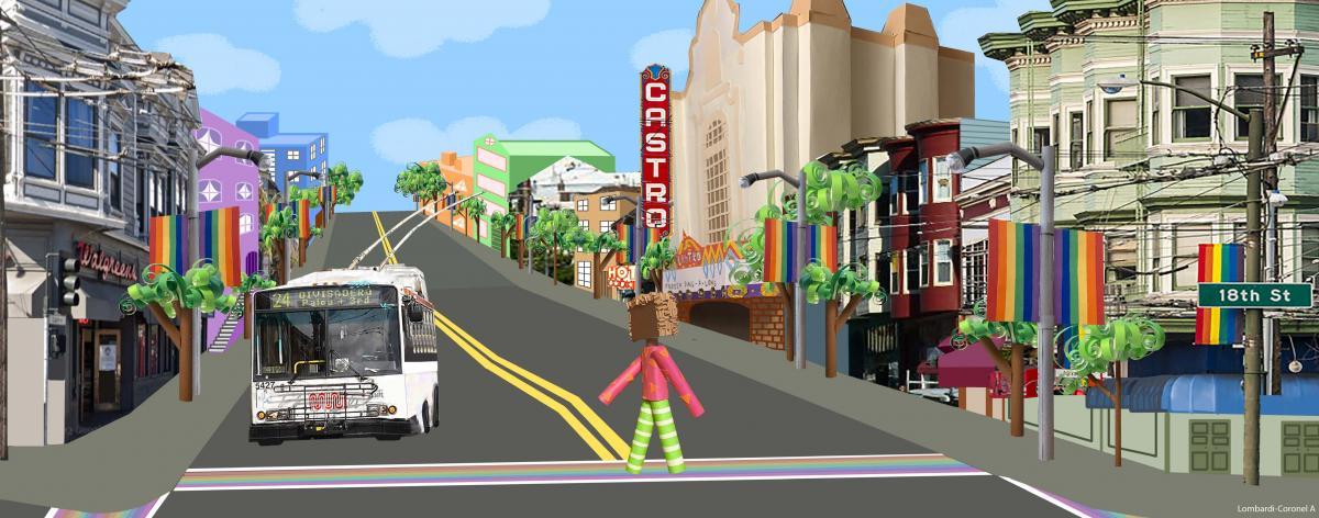 Digital Collage with a 24 Divisadero trolley bus across the street from the Castro Theater. A person made of paper walks across the street on a rainbow crosswalk.
