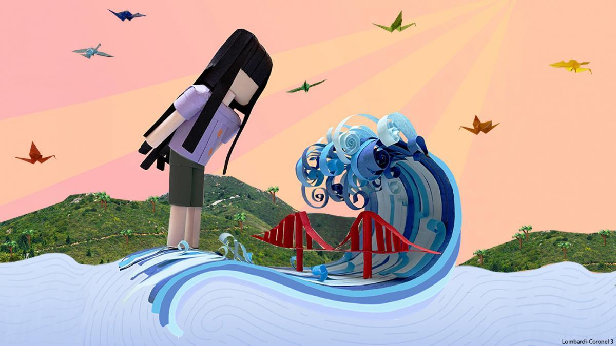 Giant paper-based person with long hair stands in the water as a giant wave crashes over the Golden Gate Bridge with the hills behind. Origami birds fly in the sky.