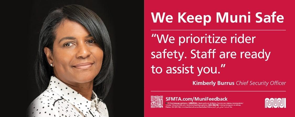 A women's headshot is seen on the left. "We Keep Muni Safe" text and additional text is seen on the right with a red backdrop.