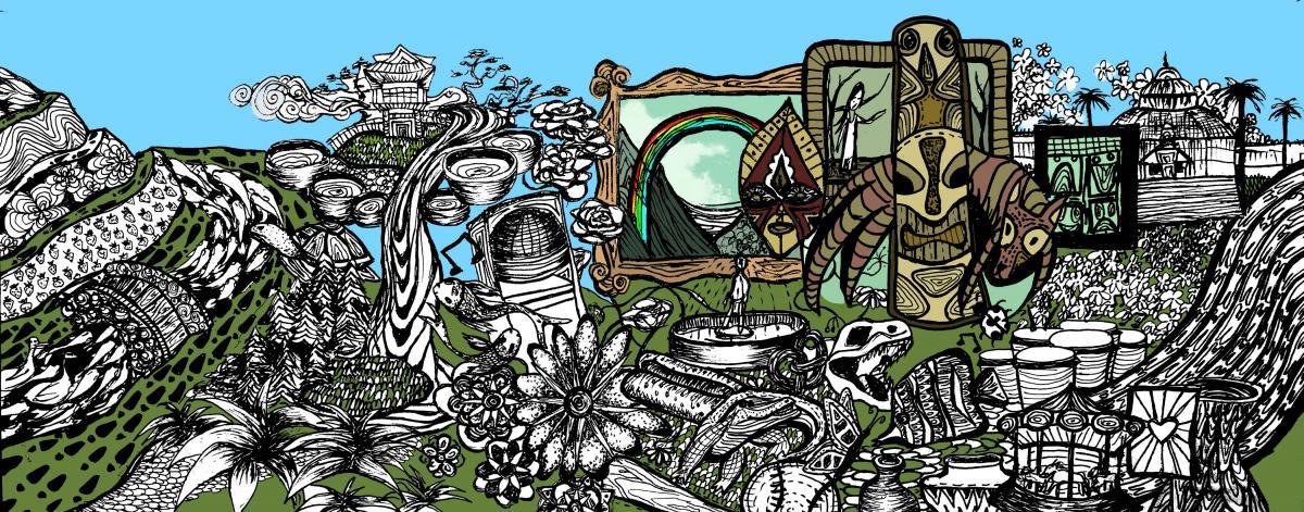 Line art of patterns tracing fish, swans, hills, the Bandshell in Golden Gate Park, indigenous art and the conservatory of flowers 
