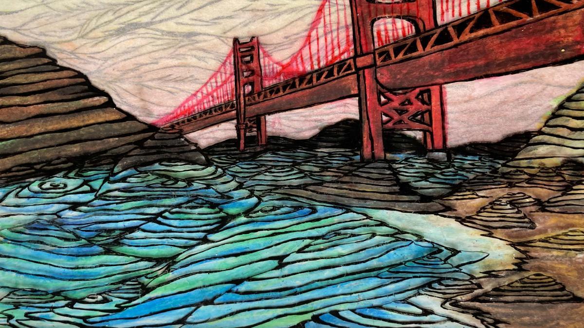 Golden Gate Bridge rises above a deep blue stylized water. The brown hills stand beyond. The sky is a leave-texture pink.