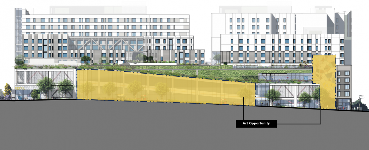 North elevation drawing with 2 public art opportunities highlighted