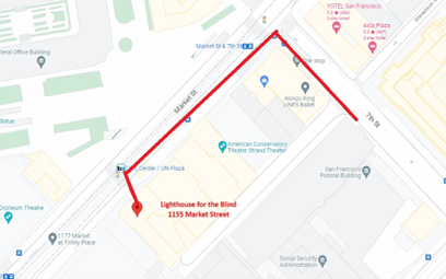 Route on map for the paratransit trips to the Lighthouse for the Blind/Mayors Office of Disability at 1155 Market 