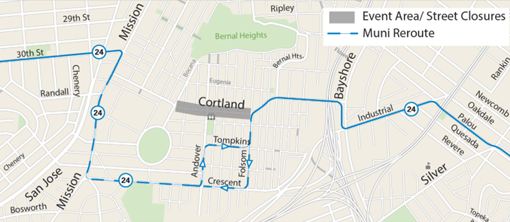 Service Map showing the planned 24 Divisadero reroute around the Fiesta on the Hill event on Sept. 10, 2023