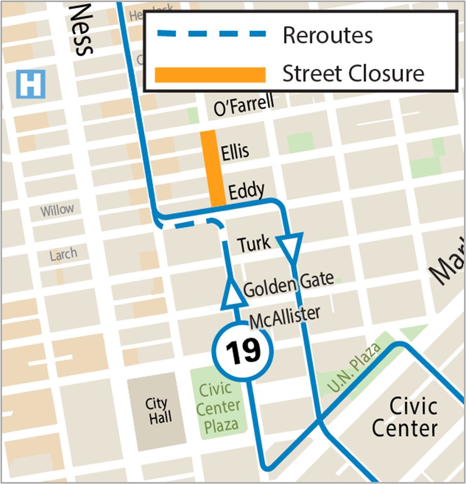 Map of the 19 Polk reroute during the Tenderloin Tet Festival 2024