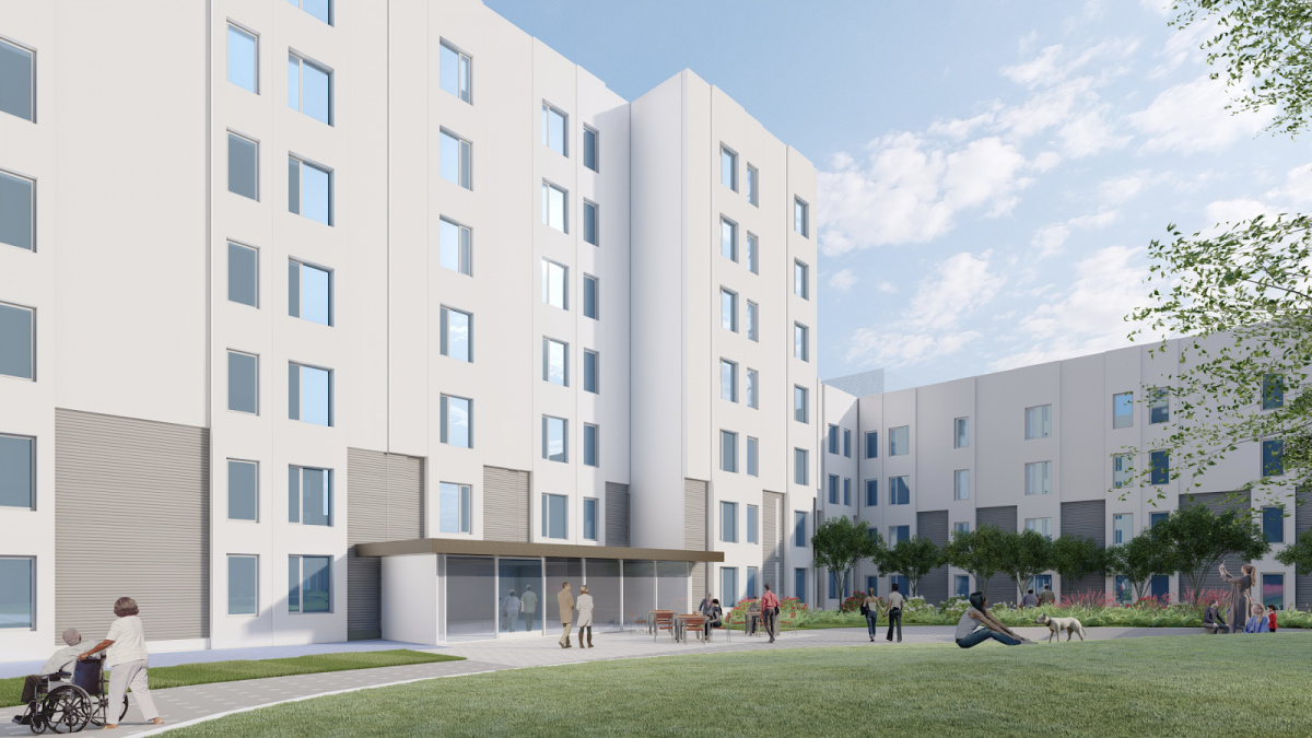 View of the podium from the interior with residents on the lawn