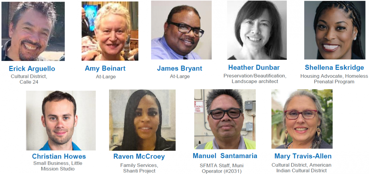 Photo of new Potrero Neighborhood Working Group members, which include: Erick Arguello (Calle 24), Cultural District seat; Amy Beinart, At-Large seat; James Bryant, At-Large seat; Heather Dunbar (Landscape Architect), Preservation/Beautification seat; Shellena Eskridge (Homeless Prenatal Program), Housing Advocate seat; Christian Howes (Little Mission Studios), Small Business within 0.5 miles seat; Raven McCroey (Shanti Project), Family Services seat; Manuel Santamaria (Muni Operator), SFMTA/Muni Front line