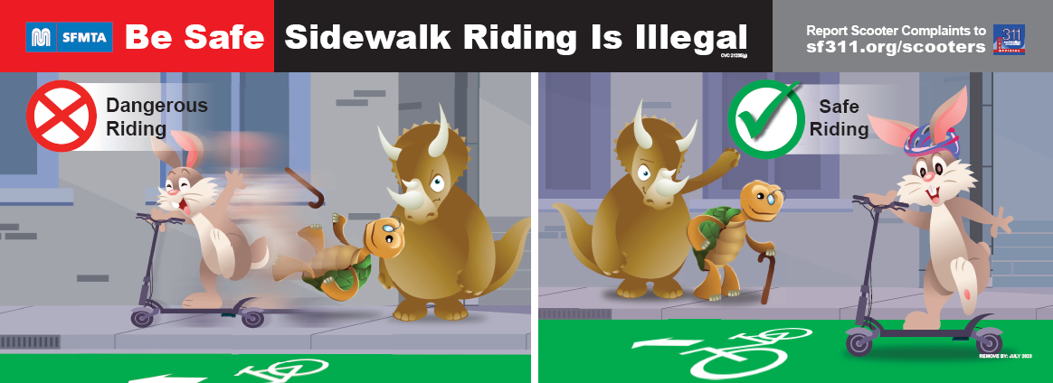 Animation images of cartoon animals riding a scooter. There are two images side by side. The left image shows a rabbit riding a scooter on the sidewalk with a turtle falling and a rhinoceros standing. The right image shows the same rabbit on a stationery scooter with the turtle and rhinoceros standing and smiling.